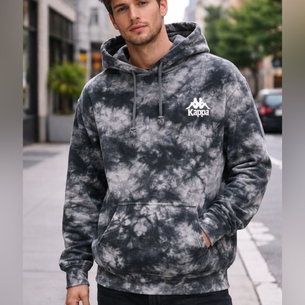 Kappa Tie Dye Hoodie Gray Black Logo Pullover Sweatshirt Mens Large